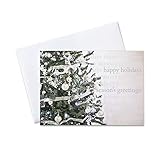 Holiday Greeting Cards - H1505. Greeting Cards with an Image of a Christmas Tree and Multiple Holiday Messages. Box Set Has 25 Greeting Cards and 26 White with Silver Foil Lined Envelopes.