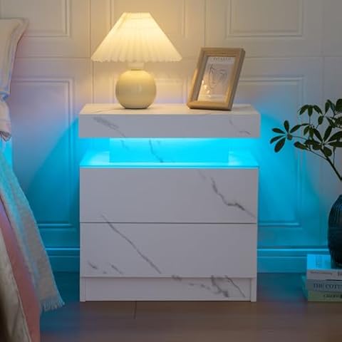 Bingoday Bedside Table with 2 Drawers, LED Nightstand Wooden Cabinet Unit with LED Lights for Bedroom, End Table Side Table for Bedroom Living Room Cover