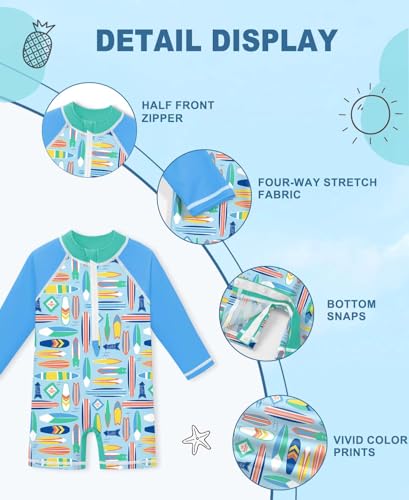 Image of BesserBay Baby Boy Swimsuit UPF 50+ Zip Front Long Sleeve Snaps Bottom One Piece Rash Guard 0-36 Months