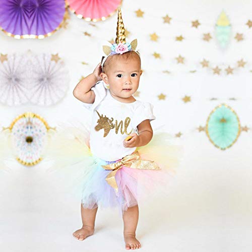 BULINGNA 3Pcs/Set Baby Girl 1st Birthday Outfit One Print Romper Bodysuit+Tutu Skirt+Unicorn Headband Clothes (Multicolor, 80cm/6-12 Months)