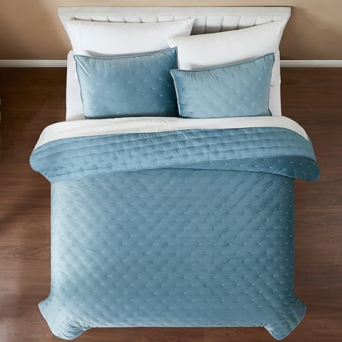 Image of Lush Decor - Quilt Set, 3-Piece Cozy Velvet Bedding with Matching Shams, Embroidered Stitch Design (Haven Blue, Full /Queen)