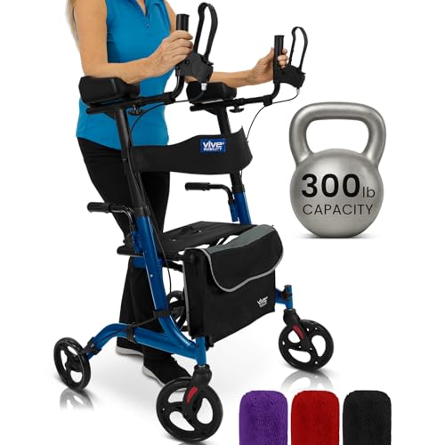 Vive Mobility Upright Walker with Seat, for Seniors, Women - Stand Up Rollator, Arm Rests, Heavy Duty, Folding Medical Aid Scooter for Elderly, Seniors - Walking Foldable Assist (Blue, Black Bag)