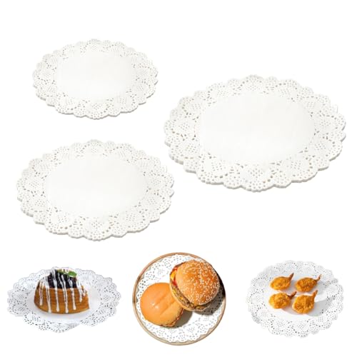 JYNVO 150pcs Napperon Papier Dentelle, Napperon en Papier Rond, Papier Rond en Dentelle Blanche pour mariage, anniversaire, gâteaux, desserts, vaisselle (4,5/5,5/6,5-pouces)