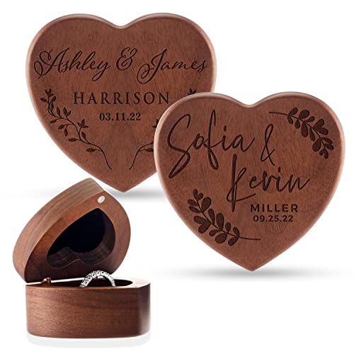 Personalized Wooden Ring Box, Custom Ring Bearer Box, Wooden Heart Ring Box for Wedding Ceremony, 8 Designs with Names and Family Name, Engagement Ring Holder for Proposal, Wedding Keepsake