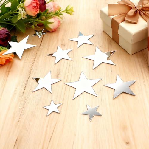 40 Stück Silberne Sterne, 3D Acryl Sterne Gespiegelte Abziehbilder, Sternenhimmel zum Kleben Wandaufkleber Sticker Wanddeko, Silberfarbene Wanddekoration für Baby, Kinder, Mädchen