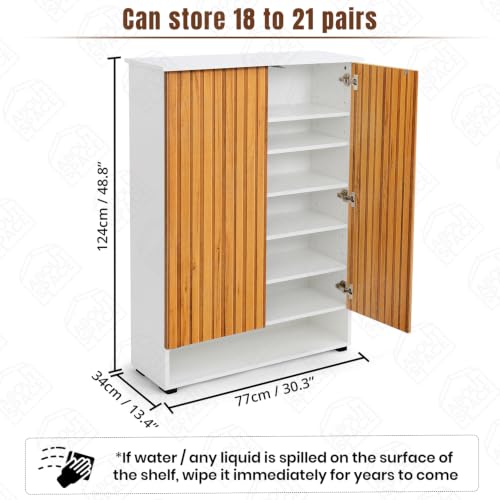 Image of ABOUT SPACE Shoe Cabinet - 7 Tier Shoe Rack with Door & Open Bottom Storage|Press Open 2 Door Engineered Wood Shoes Stand for Home | Smooth Non-Fluted-Effect Adjustable Shelf 18-21 Pair |White & Teak