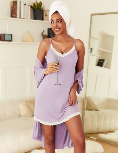 Image of Ekouaer Robes Womens Nightgown and Robe Set 2 Piece Sexy Lace Spaghetti Strap Lightweight Sleepwear with Pockets S-XXL