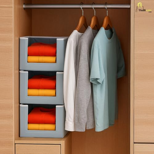 Image of Foldable Shirt Stacker Organiser (Set of 4) - Non-Woven Wardrobe Storage for Shirts, T-Shirts, Sarees & Trousers | Front-Open Closet Organiser | Grey
