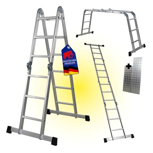 PROREGAL Sprossen-Mehrzweckleiter MULTISTEP, 4-teilig Aluminium, 4x3 Sprossen, bis zu 3,5m Höhe, Traglast 150kg, Arbeitsgerüst Stehleiter Anlegeleiter
