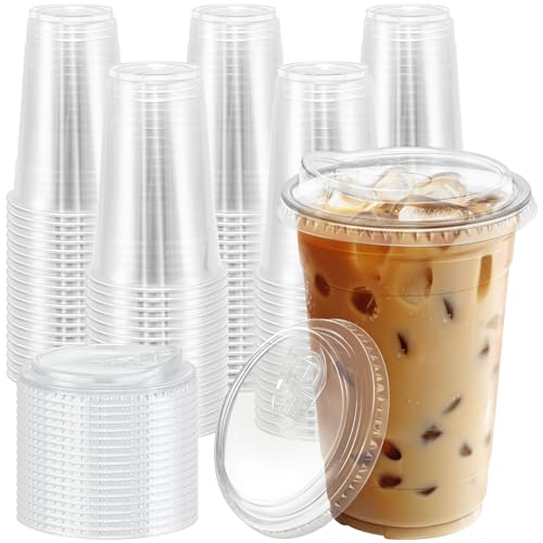 BYSNOW 100 Pack 20 oz Clear Plastic Cups with Lids, Disposable Iced Coffee Cups with Sip Lids, Sturdy Plastic Smoothie Cups for Cold Drinks