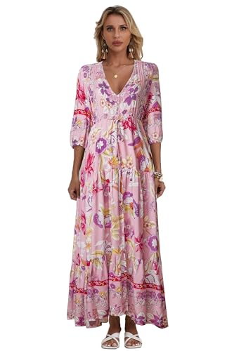 Image of Women Short Sleeve V Neck Floral Print Casual Bohemian Maxi Dresses