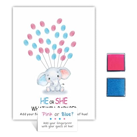 DYIRBIIY 8" x 11" Elephant Baby Gender Guess Sign in Card | Baby Shower Fingerprint Guestbook | What Will Baby Be? | Gender Reveal Party Supplies| 1 Set(ZWLK-011) Cover