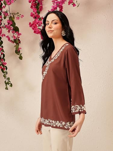 Image of QAZMI Women's Aari Embroidered Viscose Rayon V-Neck Full Sleeves Short Kurti
