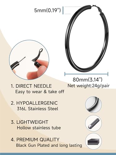 Image of Stainless Steel Chunky Hoop Earrings For Women, Minimalist and Chic, Black /Gold Plated, Round Hoops Earrings Hypoallergenic, Size: 30mm /40mm /60mm /80mm, Come with Box