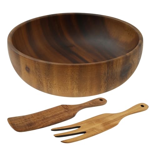 Fyeme Juego de ensaladera con cuchara y tenedor, 21,5 x 21,5 x 6,5 cm, ensaladera grande, de madera, superficie lisa, adecuado para la cocina