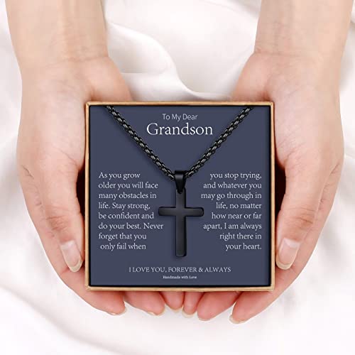 Grandson Gifts Grandson Necklaces, Stainless Steel Black Cross Necklace For Men Jewelry Grandson Gifts Fathers Day Birthday Gifts For Grandson Christmas Gifts For Men Grandson Gifts From Grandma #TOP5