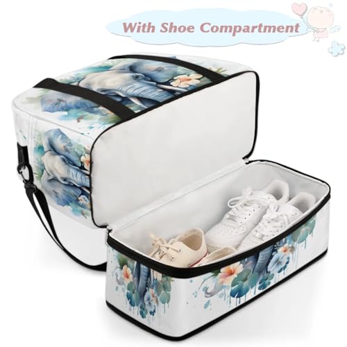 Travel Duffel Bags Watercolor Flower Elephant Foldable Weekender Bags for Women with Shoes Compartment Waterproof & Tear Resistant Carry on Overnight Luggage Duffel Bag Shoulder Sports Tote Bag,A-464