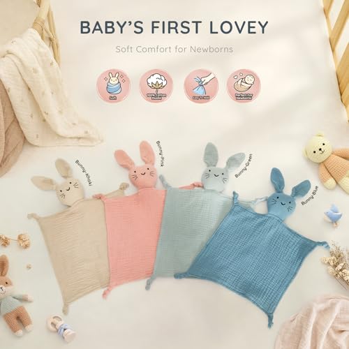 Image of Green Bunny Organic Cotton Muslin Lovey Security Blanket for Newborns | Soft Muslin Comfort, Easy Grip Design, Self-Soothing Support, Baby Shower Gifts