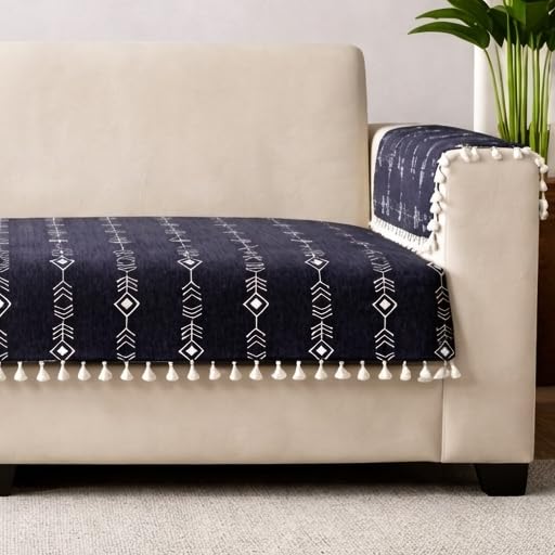 STITCHNEST Chenille Printed Sofa Cover 3 Seater with Hand Rest Covers – Washable Black Sofa Cover with Tassels – Durable Premium Fabric – Stylish Sofa Protector for Living Room & Furniture Decor-picture-28
