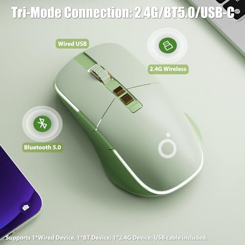 Image of Wireless Gaming Mouse Tri-Mode 2.4Ghz /Bluetooth 5.0 /Wired USB-C with RGB LED Backlit 5-Level DPI Rechargeable Ergonomic Silent Optical Mice for iMac /MacBook /Computer /Laptop, Matcha Green