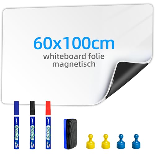 Magnetisk whiteboard-folie – 60 x 100 cm magnetfolie självhäftande vit tavla – whiteboard sticker gör-det-själv med markör, brädesuddgummi och magnet – väggfolie för släta ytor i skolan kontor hus