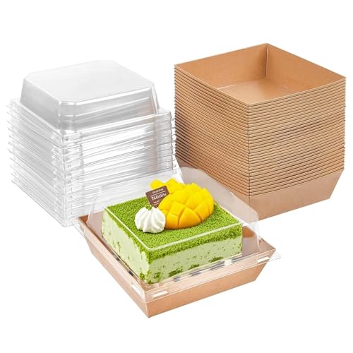 30 PCS Cake Slice Box with Clear Lids for Portions - Oil-Proof Paper Charcuterie and Dessert Food Container for Cupcake, Sandwich Takeaway - 12 x 12 x 6.5 cm Brown