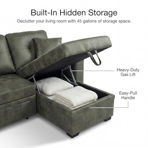 Image of 71 inch Green Convertible Sofa Bed, L-Shaped Pull Out Couch with Storage Chaise | TYBOATLE, Green Sleeper Sofa, Pull Out Couch Bed, Reversible Storage Chaise, Linen Fabric, Living Room, Apartment, Guest Room