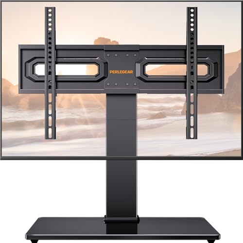 PERLEGEAR Universal TV Stand for 32-80 Inch LCD LED TVs - Height Adjustable With Tempered Glass Base & Cable Management, Swivel Stand Up to 45kg, Max VESA 600x400mm