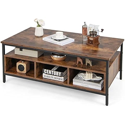 CASART Industrial Coffee Table with Storage Cover