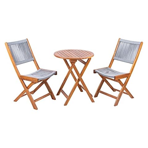 Alfresia Wooden Bistro Set | 2-Seater Balcony Set - Foldaway Table and Chairs | Grey Woven Seats with Acacia Hardwood Frame | Compact Space Saving Design Contemporary Aesthetic Cover