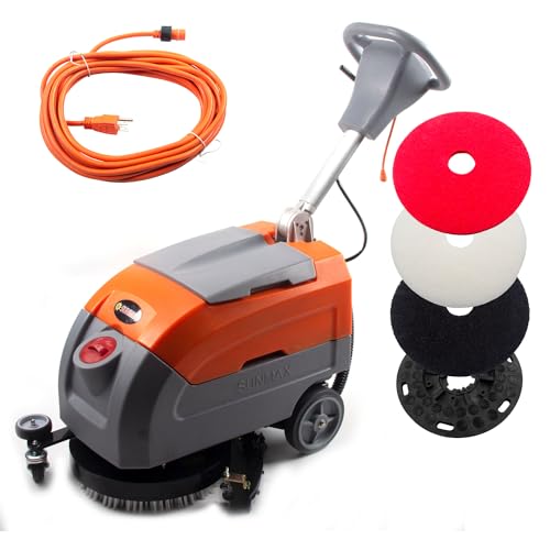 Sunmax RT35AC 17' Electric Walk-Behind Floor Scrubber, 7.9/9.2-Gal Dual Tank System, Orange/Gray, 26ft 110V Corded Commercial Floor Cleaning Machine