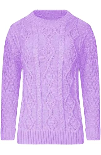 STAR FASHION Cable Knitted Crew Neck Jumper Long Sleeve Womens Aran Knit Jumpers Sweater Pullover Top Lilac ML