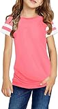 Ebifin Girls Casual Short/Long Sleeve T Shirts Kids Loose Soft Striped Color Block Tunic Tops, Tees Blouses Size 4-15 Years A-Pink