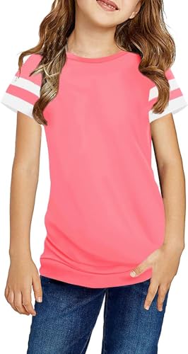 Ebifin Girls Casual Short/Long Sleeve T Shirts Kids Loose Soft Striped Color Block Tunic Tops, Tees Blouses Size 4-15 Years A-Pink