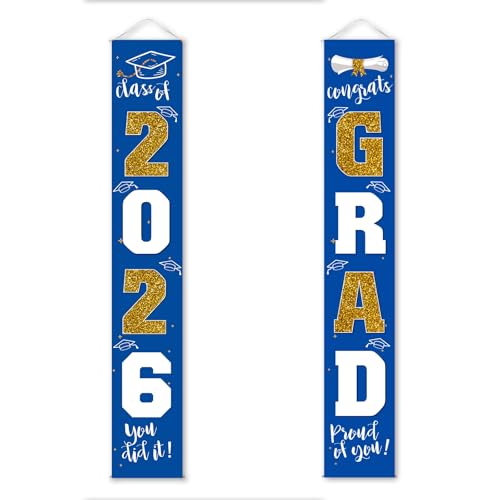 Image of Graduation Decorations 2026 Banner Porch Sign Blue Gold for Class of 2026 Graduates Party Supplies