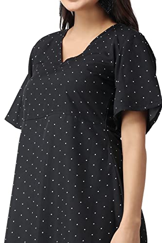 Image of POPWINGS Casual Printed V-Neck Short Sleeves Knee-Length Fit and Flare Dress for Women || Frokc-Style Summer Wear Dresses for Women || Loose-Fit Comfortable Women Dress for Regular Wear