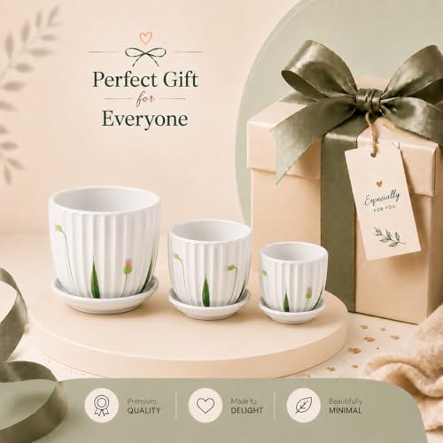 Image of XSTORE Xtore Elegant Ribbed Ceramic Planter Set of 3 with Drainage Tray - Modern Indoor Plant Pots for Home Decor, Succulents, Herbs & Desk Plants - (Pack of 3, Planters Only)