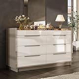 AMERLIFE 47.2' High Gloss 8 Drawer Dresser with LED Light, Modern Chest of Drawers with Glass Tabletop & 2 Six-Grid Jewelry Drawers, for Bedroom/Living Room/Dressing Room, Cream&Grey