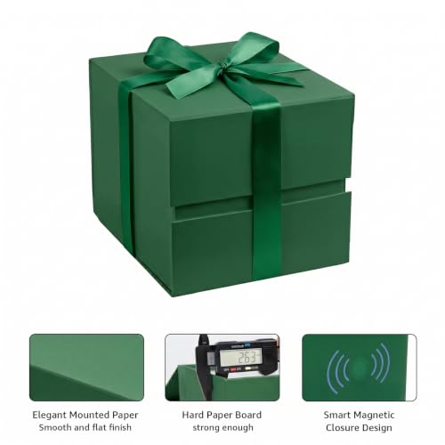 Image of LIFELUM Dark Green Gift Box 7 x 7 x 7 inch, 1 Pack Elegant Cube Gift Box with Magnetic Lid, Card, Ribbon, Shredded Filler for Christmas, Birthday, Wedding, Valentine's Day