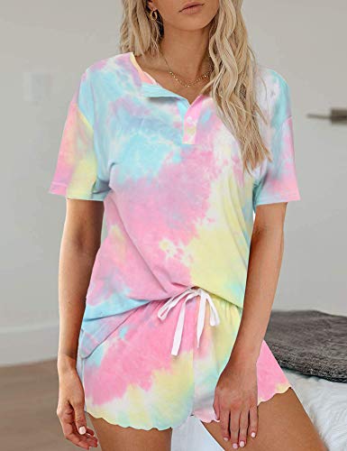 Image of Ekouaer Pajamas Set for Women Short Sleeve Lounge Set 2 Piece Loungewear PJs Soft Cute Lightweight Sleepwear