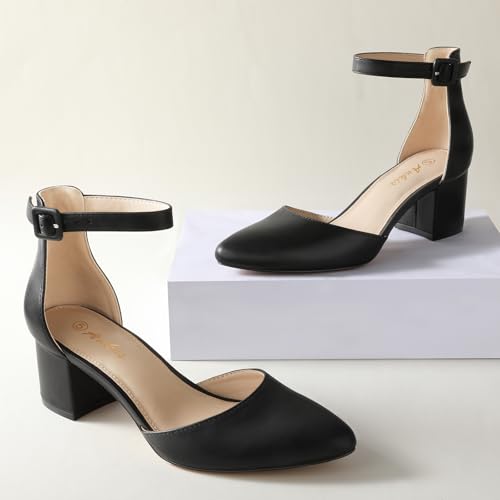 Image of Ankis Closed Toe Heels for Women, 2.25 Inch Low Block Chunky Dress Pumps | Black Nude White Gold Silver Pointed Toe Design, Soft Insole, Adjustable Ankle Strap, Classic Versatile, For Formal Daily