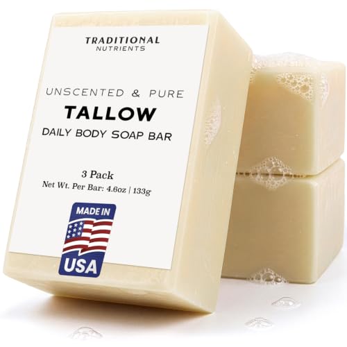 TRADITIONAL NUTRIENTS Unscented Beef Tallow Soap Bar Grass Fed and Finished Tallow and Lye 4.6oz Bar Natural Pure Suet Tallow (Pack of 3)