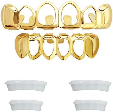 Open Face Grillz Teeth 24k Gold Grillz Plated Caps New Custom Fit Top & Bottom Grill Set for Kids + Extra Molding Bars + Microfiber Cloth