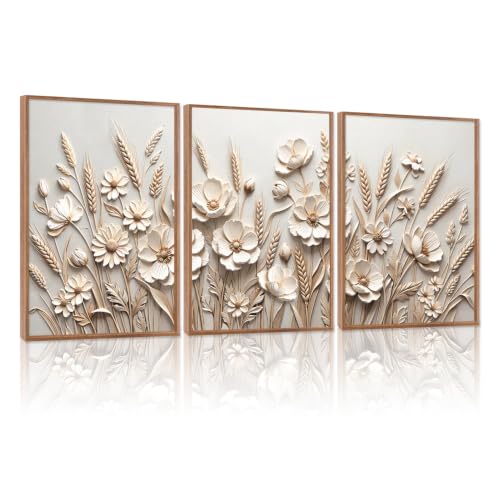 Image of CHDITB 3D Textured Wheat Floral Wall Art,Neutral Beige Farmhouse Wall Decor