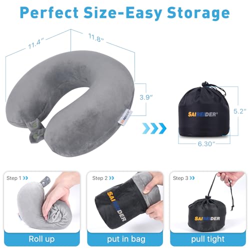 SAIREIDER Airplane Pillow 100% Memory Foam Neck Pillow for Airplanes Flight Rest Best Adjustable Travel Neck Support Pillows-Prevent The Heads from Falling Forward (Grey)