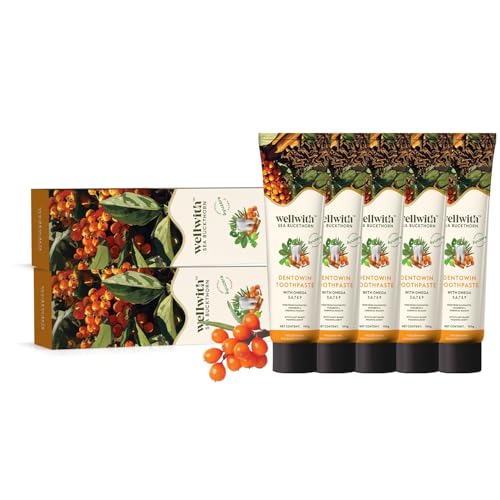 Image of Wellwith(Ayuzera) DentoWin (100g, Pack of 5) Herbal Gum Care Toothpaste with Himalayan Sea Buckthorn Berry, Tulsi & Neem, Teeth Whitening - Natural Formula, No Fluoride