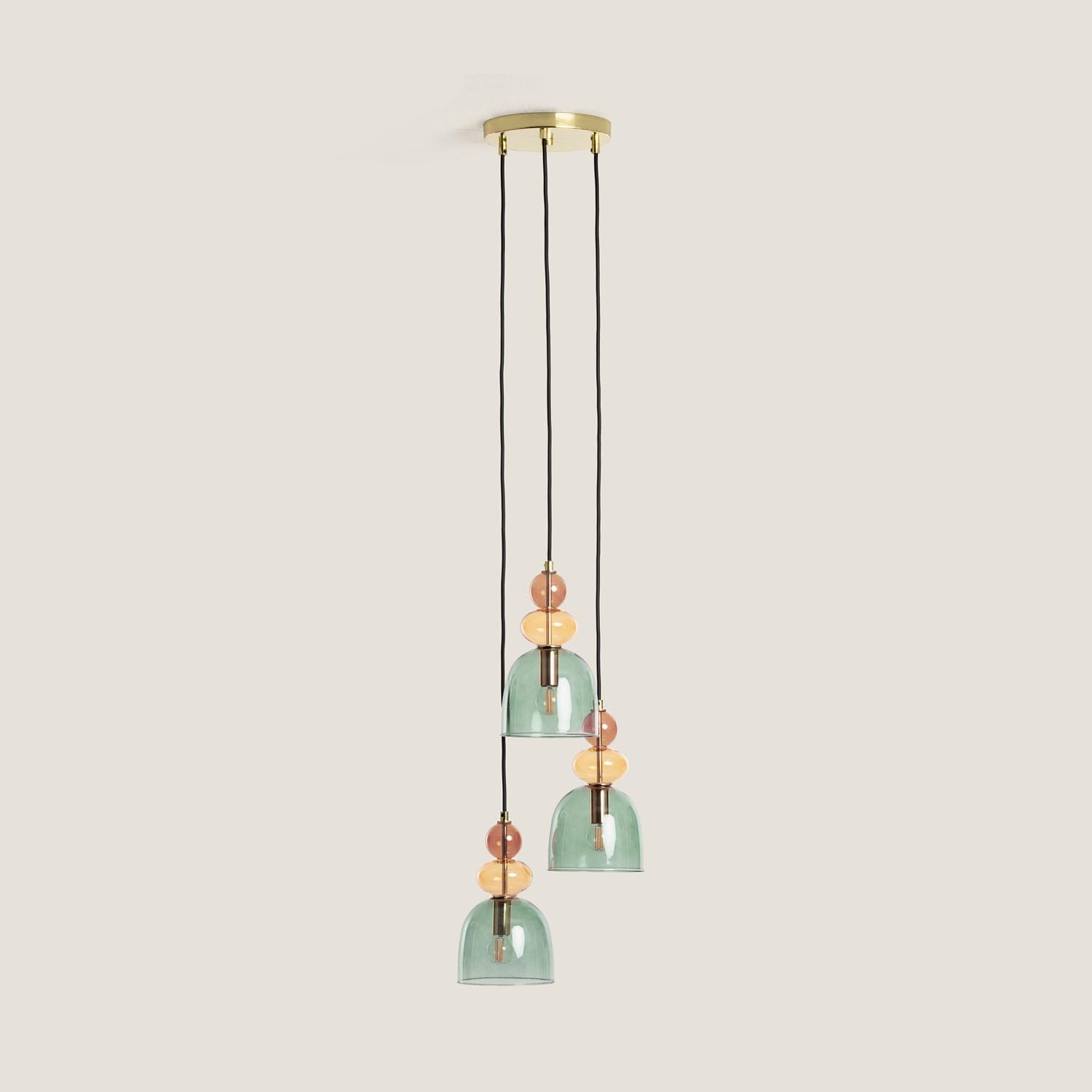 LEDKIA Lámpara Colgante Metal y Cristal Tri Baudelaire Verde | Diseño Vintage Elegante | Compatible con Bombillas E14 | Ideal para Salón; Dormitorio; Oficina