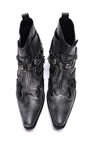 Santimon Mens Dress Casual Ankle Chelsea Boots - Genuine Leather Western Cowboy Boots with Buckle Chain for Prom Ballroom Party Disco4