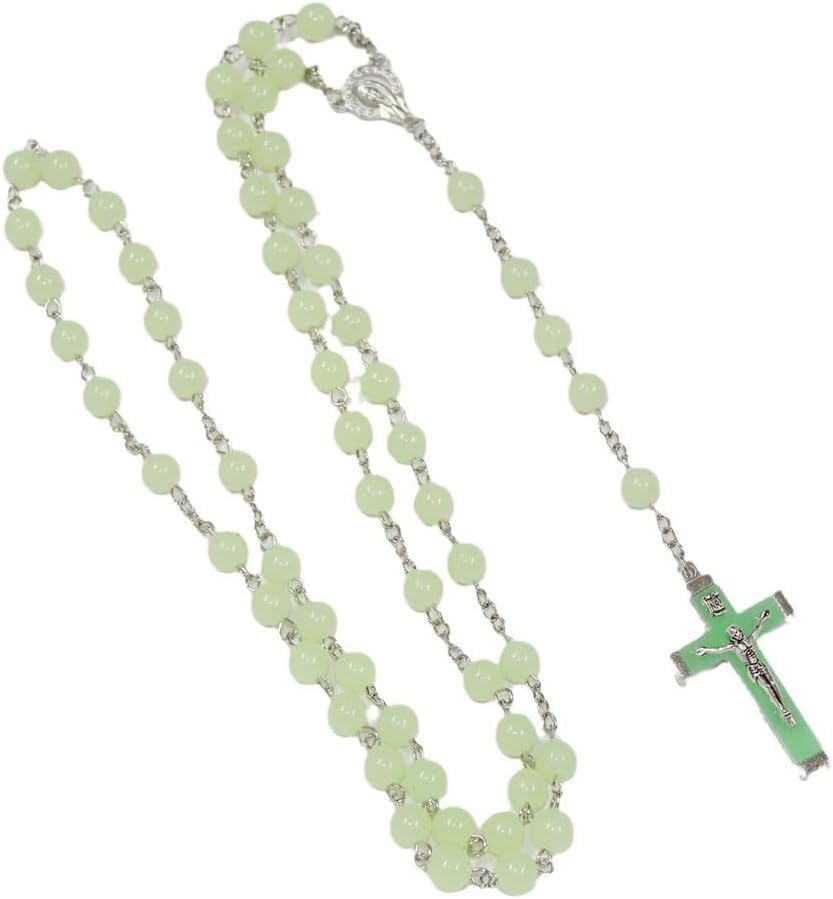 XFSRG Collar de Rosario Verde Luminoso para Mujer Cadena de Plata con Cruz Joyería Religiosa Moderna Ideal para Regalos Originales y Especiales