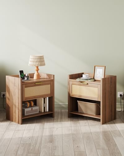 Image of WLIVE Rattan Nightstands Set of 2, Night Stand Sets with Charging Station, Boho Bed Side Table with Storage Drawer and Open Shelf, End Tables Bedroom, Natural Oak